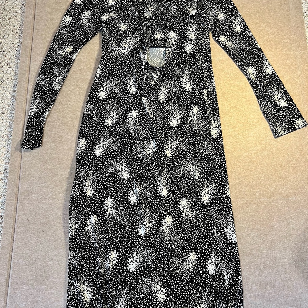 Lush Elegant Black & White Print Dress, M, mid calf length, lace up back - Picture 5 of 9